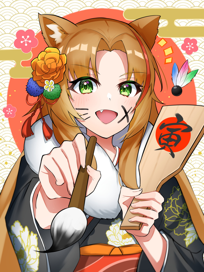 1girl :d ^^^ absurdres animal_ear_fluff animal_ears arknights bangs black_kimono blush brown_hair calligraphy_brush egasumi eyebrows_visible_through_hair facepaint fang floral_print flower fur_collar green_eyes hagoita hair_flower hair_ornament hanetsuki highres holding holding_brush japanese_clothes k@bu kimono long_hair long_sleeves multicolored_hair orange_flower orange_rose paddle paintbrush parted_bangs patterned_background pov print_kimono red_hair rose smile streaked_hair swire_(arknights) tassel tiger_ears translation_request two-tone_hair upper_body v-shaped_eyebrows yukata