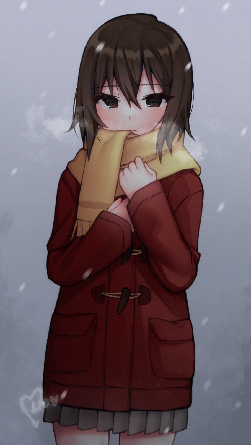 1girl absurdres artist_name boku_dake_ga_inai_machi breath brown_eyes brown_hair closed_mouth coat commentary cowboy_shot duffel_coat expressionless eyelashes grey_background grey_skirt hair_between_eyes hands_on_own_chest highres hinazuki_kayo light_frown long_sleeves looking_at_viewer loose_hair_strand mika_(lovdere) outdoors pleated_skirt red_coat scarf short_hair signature skirt snowflakes snowing solo standing w_arms winter_clothes winter_coat yellow_scarf