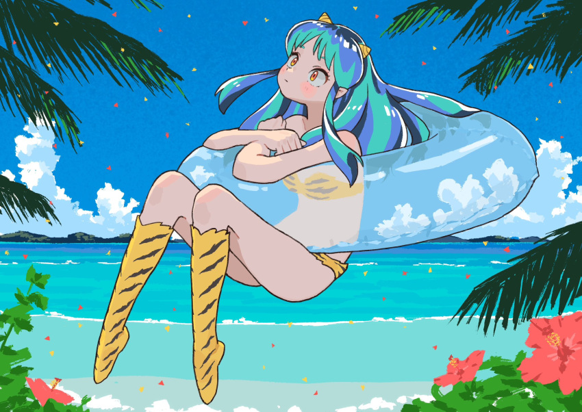 1girl animal_print bare_shoulders bikini blue_hair blue_sky blush boots bush cloud commentary_request confetti crossed_arms day floating floating_hair flower full_body green_hair hibiscus highres horizon horns knee_boots knees_up looking_up lum mashiro_ka multicolored_hair ocean orange_eyes outdoors palm_tree print_bikini print_footwear red_flower sidelocks sky solo strapless strapless_bikini summer swim_ring swimsuit tiger_print tree urusei_yatsura waves wide-eyed