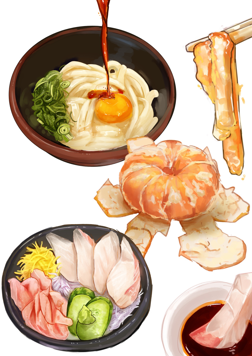 absurdres bowl chopsticks egg_(food) egg_yolk food food_focus fruit highres kaneko_ryou meat no_humans noodles orange_(fruit) original sauce simple_background still_life white_background