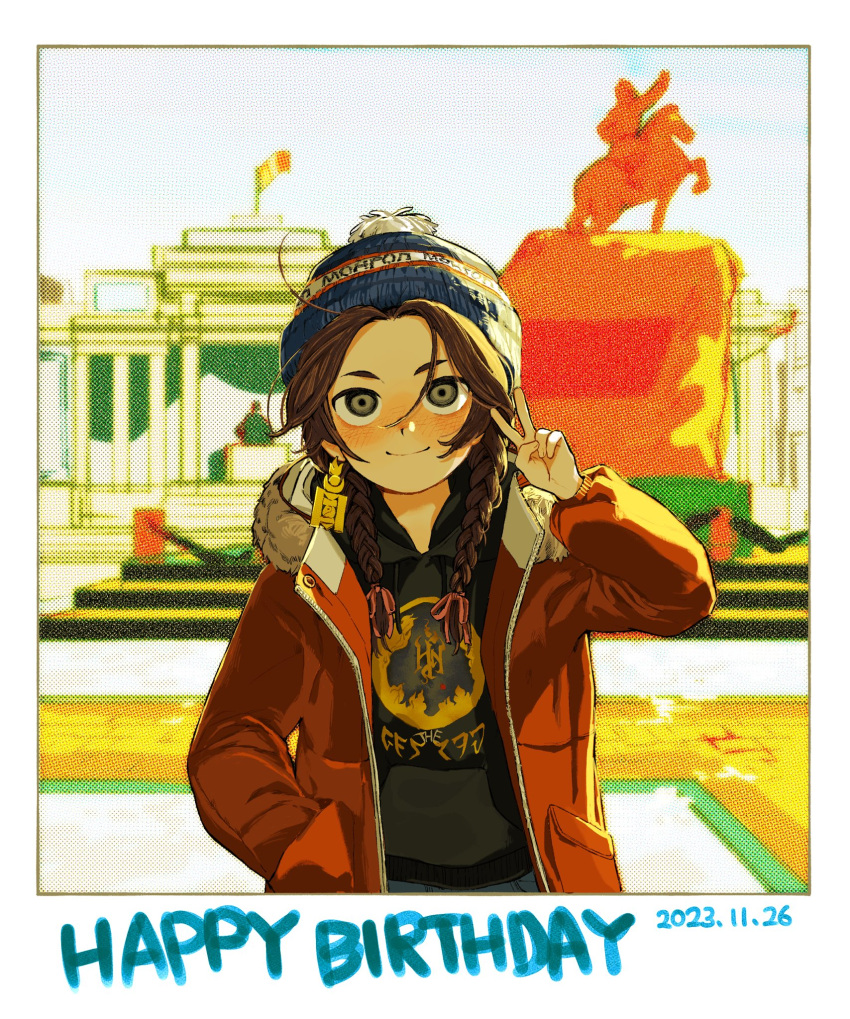 1girl beanie blurry blurry_background braid brown_hair earrings fur_trim genghis_khan grey_eyes hand_in_pocket hand_up happy_birthday hat highres hood hooded_sweater jacket jewelry low_twintails mongolia_(nanimonothing) nanimonothing open_clothes open_jacket original pom_pom_(clothes) pom_pom_beanie print_sweater single_earring smile solo soyombo stairs standing sweater twin_braids twintails v