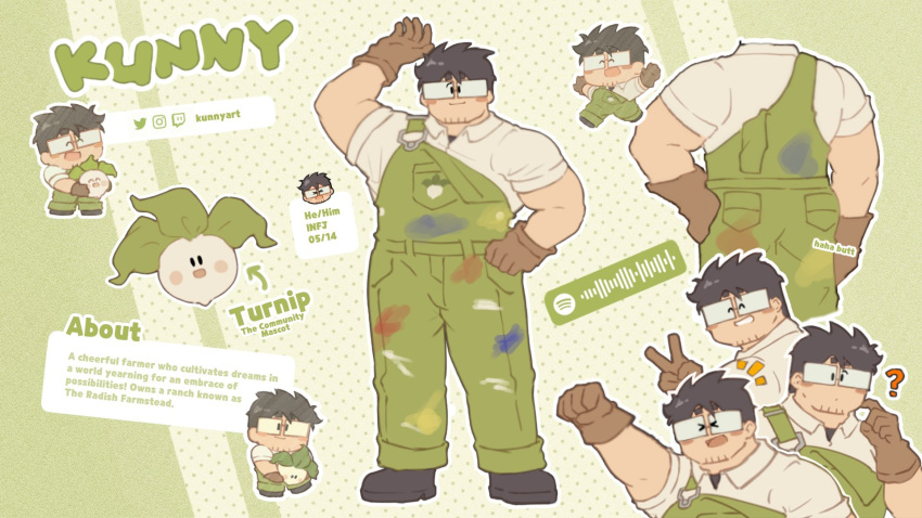 &gt;_&lt; 1boy :d ^_^ ass bara blush borrowed_character character_name chibi chibi_inset clenched_hand closed_eyes dirty dirty_clothes english_text expressions facial_hair farmer finger_to_cheek full_body glasses gloves goatee_stubble highres huge_eyebrows kunny_(kunnyart) light_brown_hair looking_at_viewer male_focus original outstretched_arms overalls polo_shirt radish reference_sheet second-party_source short_hair smile solid_oval_eyes spread_arms standing stubble v waving yogireji