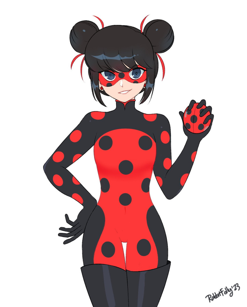 1girl artist_name black_footwear black_hair blue_eyes bodysuit boots cowboy_shot domino_mask double_bun hair_bun highres holding ladybug_(character) looking_at_viewer marinette_dupain-cheng mask miraculous_ladybug polka_dot rabbitfolly simple_background smile solo superhero two-tone_bodysuit white_background