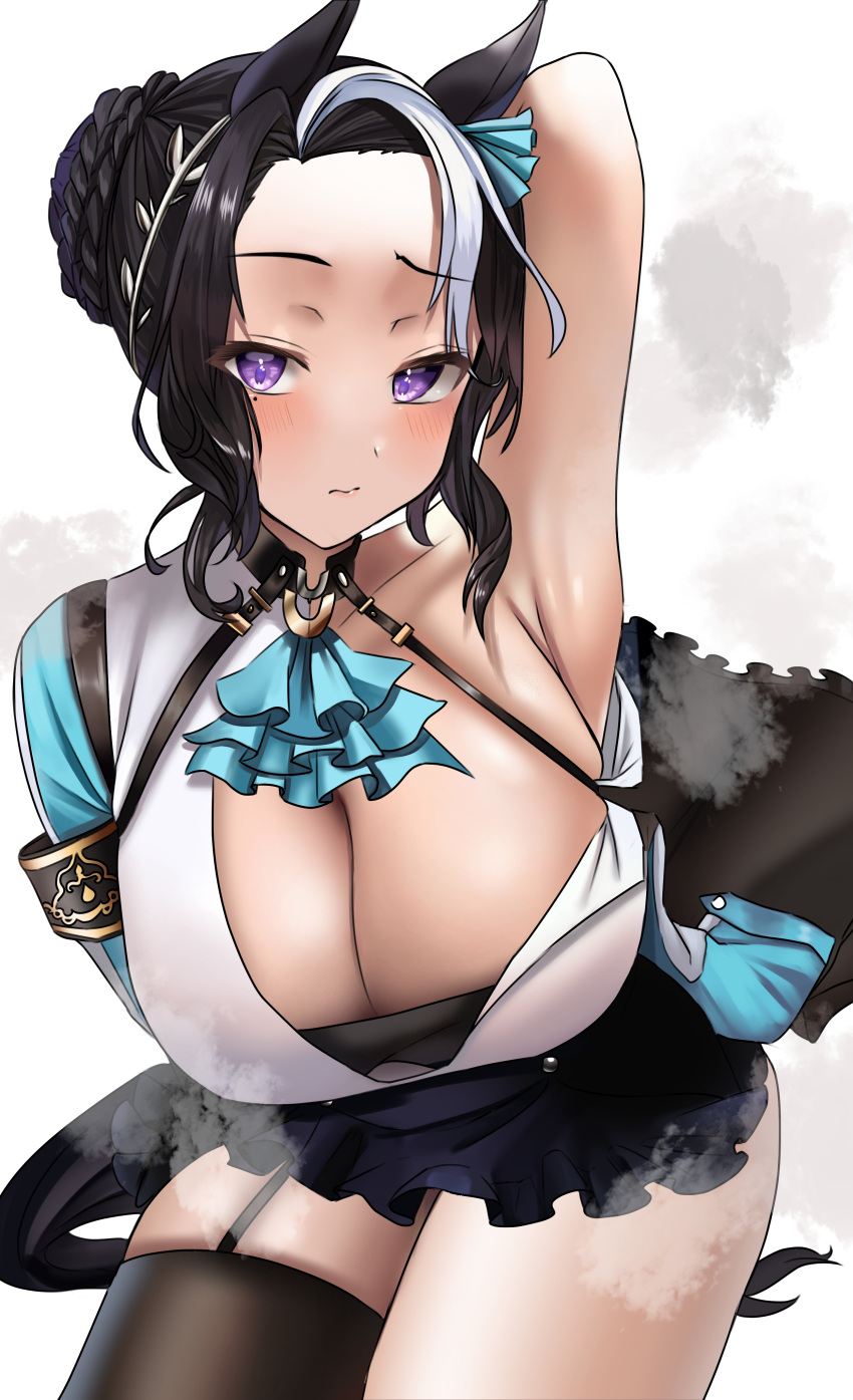 1girl absurdres animal_ears arm_up armpits ascot black_garter_straps black_hair black_skirt black_thighhighs blue_ascot blush breasts cleavage closed_mouth commentary_request ear_ornament frilled_skirt frills garter_straps hair_bun highres horse_ears horse_girl horse_tail jacket jacket_partially_removed large_breasts looking_at_viewer mejiro_ramonu_(umamusume) miniskirt multicolored_hair po_musubi purple_eyes short_hair simple_background single_thighhigh skirt solo streaked_hair tail thighhighs umamusume visible_air white_background white_hair