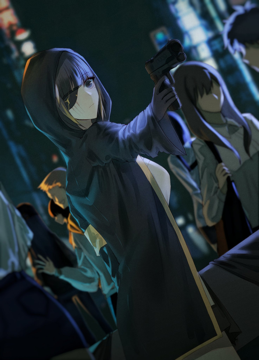 6+others black_gloves black_jacket brown_eyes brown_hair city closed_mouth eyepatch girls'_frontline gloves gun handgun highres jacket long_hair looking_to_the_side m16a1_(girls'_frontline) mole mole_under_eye multicolored_hair multiple_others night night_sky particle_cannon_case scar shirt sky weapon xanax025 yellow_shirt