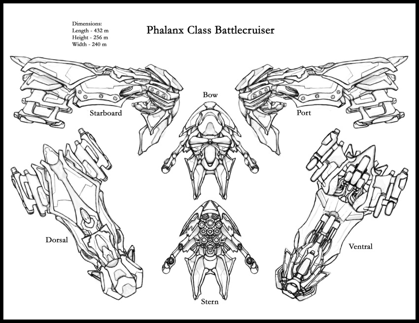 battlecruiser_(eve_online) commentary concept_art eve_online from_side gallente_federation_(eve_online) highres lineart military_vehicle multiple_views no_humans original peacewise photoshop_(medium) reference_sheet science_fiction spacecraft thrusters vehicle_focus