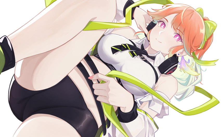 1girl absurdres bike_shorts black_shorts breasts bright_pupils closed_mouth cropped_shirt dutch_angle english_commentary headphones headphones_around_neck highres holding holding_headphones hololive hololive_english long_hair long_sleeves looking_at_viewer medium_breasts nuebunny off_shoulder orange_hair pink_eyes ponytail shirt shorts simple_background smile solo takanashi_kiara virtual_youtuber white_background white_pupils white_shirt