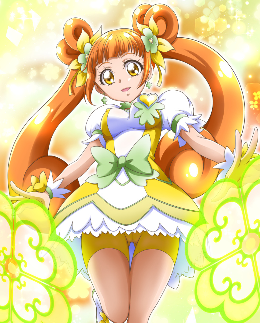 1girl bangs bike_shorts blunt_bangs bow brown_hair clover_earrings commentary_request cure_rosetta dokidoki!_precure double_bun dress earrings energy_barrier energy_shield flower fur_collar green_bow hair_flower hair_ornament hanzou highres jewelry leg_up light_particles long_hair looking_at_viewer magical_girl open_mouth precure puffy_short_sleeves puffy_sleeves shoes short_dress short_sleeves shorts shorts_under_dress smile solo sparkle standing standing_on_one_leg thigh_gap twintails white_footwear yellow_dress yellow_eyes yellow_shorts yotsuba_alice