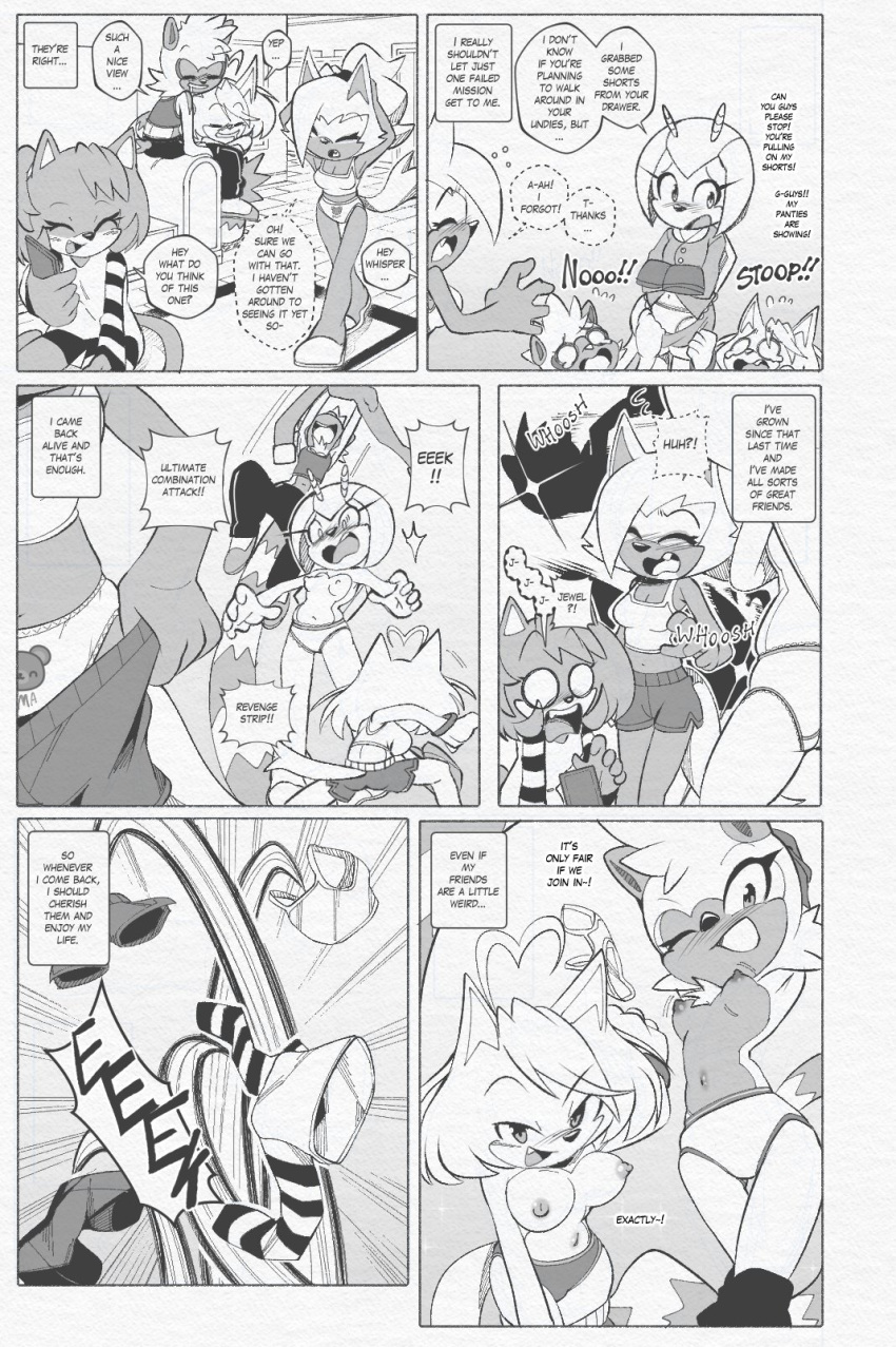 anthro arthropod beetle blush bottomwear breasts canid canine canis clothed clothing dialogue domestic_cat euf-dreamer fan_character felid feline felis female furniture group hi_res idw_publishing insect jewel_the_beetle lemur mammal nipples panties primate sega shirt shorts sofa sonic_the_hedgehog_(comics) sonic_the_hedgehog_(idw) sonic_the_hedgehog_(series) speech_bubble strepsirrhine sweatpants tangle_the_lemur tank_top topless topless_anthro topless_female topwear underwear undressing undressing_another whisper_the_wolf wolf