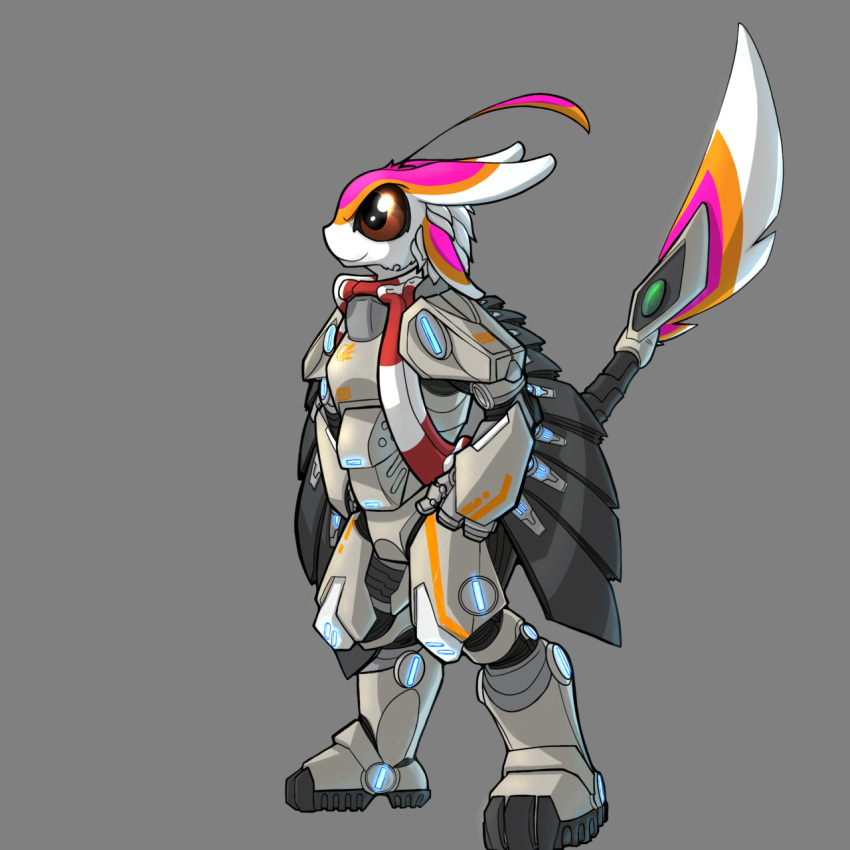 1:1 3_fingers 4_ears alien ambiguous_gender anthro armor avali avian big_eyes brown_eyes compound_lift digitigrade feathered_crest feathers fingers furgonomics grey_background head_crest heavy_armor hi_res lights looking_forward multi_ear orange_body pink_body scarf simple_background solo tail_armor white_body white_feathers wing_armor winged_arms wings