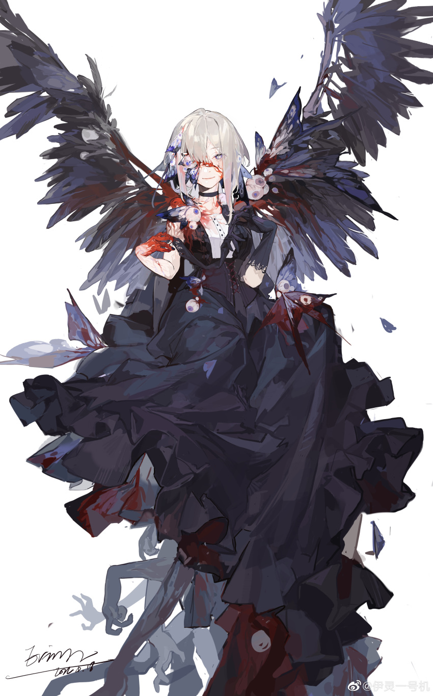 1girl absurdres angel_wings black_butterfly black_choker black_dress black_gloves black_wings blonde_hair blood blood_on_clothes blood_on_face blood_on_hands bug butterfly buttons chinese_commentary choker closed_mouth commentary_request dated dress extra_hands eyeball eyelashes feathered_wings full_body gloves hair_over_one_eye highres lace-trimmed_gloves lace_trim long_dress looking_at_viewer original shirt short_hair_with_long_locks signature simple_background single_glove sitting skull smile solo watermark weibo_logo weibo_username white_background white_eyes white_shirt wings yi_ling_yi_hao_ji
