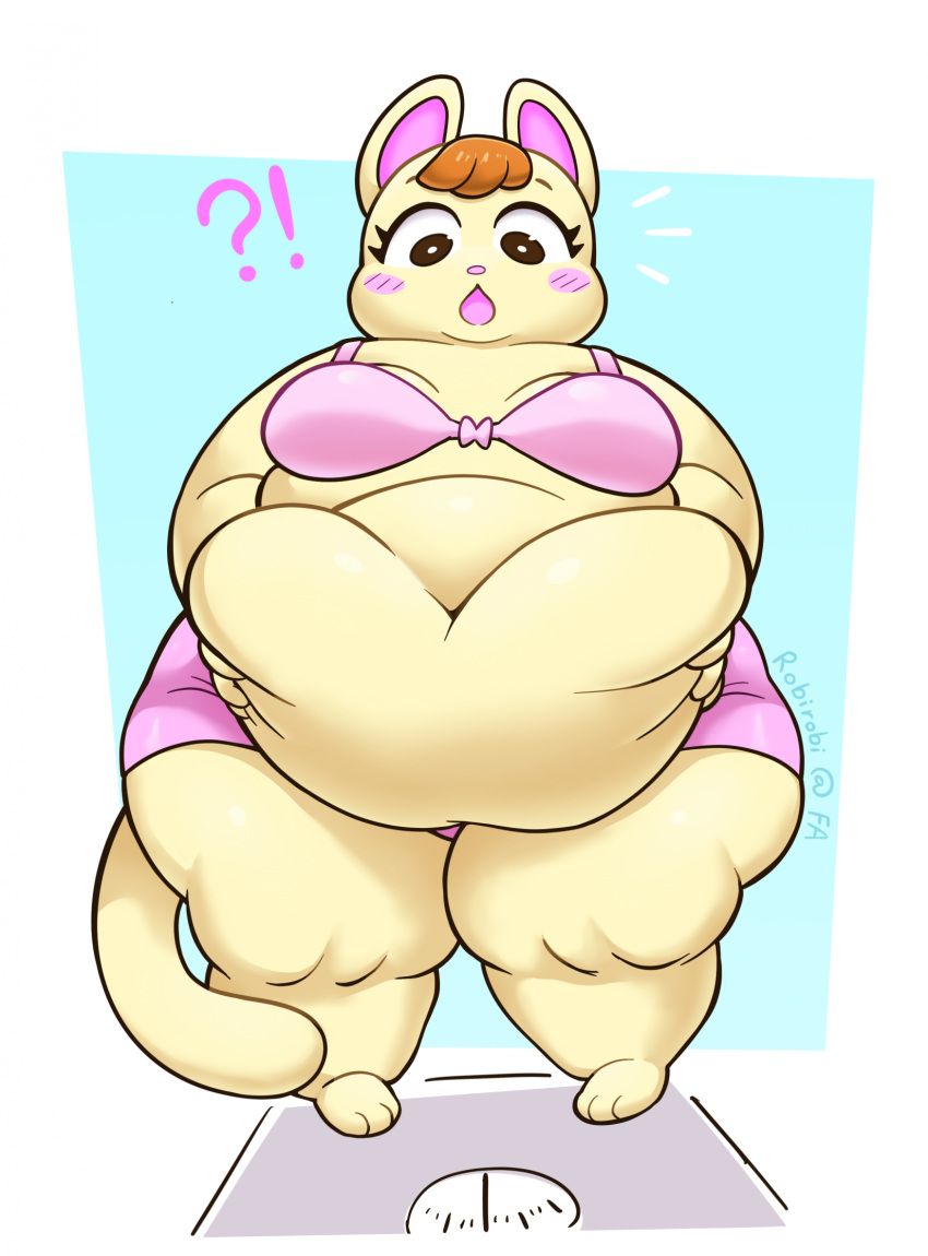 animal_crossing anthro belly belly_grab belly_overhang belly_rolls big_belly blush blush_lines breasts brown_hair deep_navel domestic_cat double_chin exclamation_point fat_fetish felid feline felis female fur glistening glistening_belly hair hi_res huge_thighs looking_down mammal merry_(animal_crossing) navel nintendo obese obese_anthro obese_female overweight overweight_anthro overweight_female question_mark robirobi solo surprised_expression tan_body tan_fur thick_thighs weight_conscious weight_gain