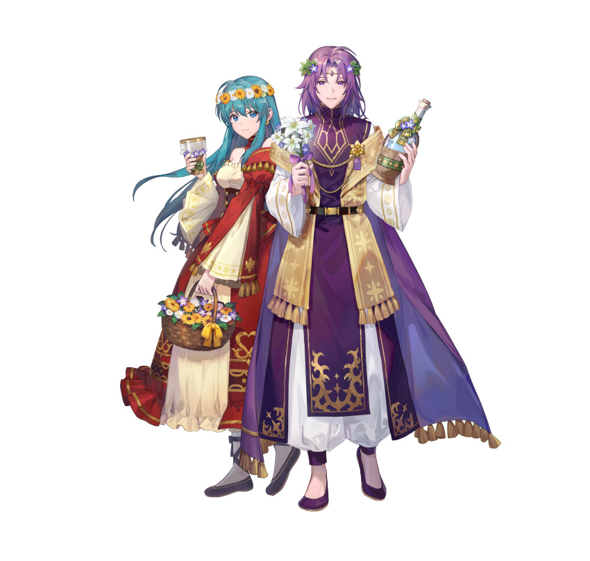 1boy 1girl absurdres aqua_hair basket bottle breasts cape chalice circlet commentary_request cup dress eirika_(fire_emblem) eirika_(valentine)_(fire_emblem) fire_emblem fire_emblem:_the_sacred_stones fire_emblem_heroes flower_wreath head_wreath highres holding holding_basket holding_bottle juliet_sleeves long_sleeves looking_at_viewer lyon_(fire_emblem) lyon_(valentine)_(fire_emblem) medium_breasts medium_hair official_alternate_costume official_art parted_lips puffy_sleeves purple_cape purple_hair purple_robe red_dress robe short_hair smile tachi-e white_background wine_bottle