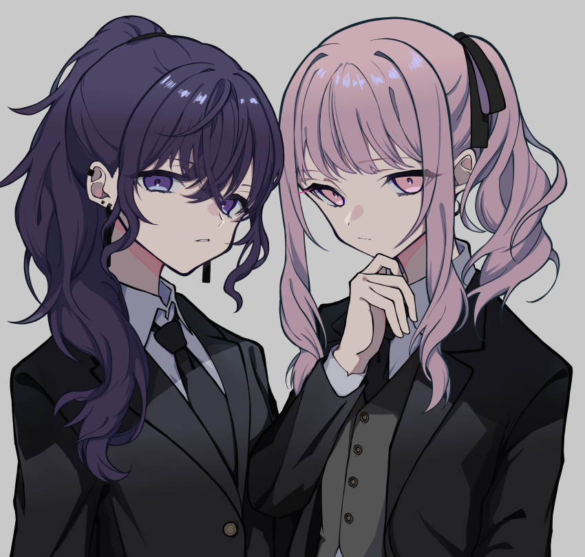 1girl 1other absurdres akiyama_mizuki androgynous asahina_mafuyu barbarpapa black_jacket black_necktie black_ribbon buttons closed_mouth collared_shirt commentary dress_shirt earrings formal grey_background grey_vest hair_between_eyes hair_over_shoulder hair_ribbon hand_on_own_chin hand_up highres jacket jewelry lapels long_hair long_sleeves looking_at_viewer necktie notched_lapels open_clothes open_jacket parted_lips pink_eyes pink_hair project_sekai purple_eyes purple_hair ribbon shirt side_ponytail sidelocks simple_background suit suit_jacket upper_body vest waistcoat white_shirt