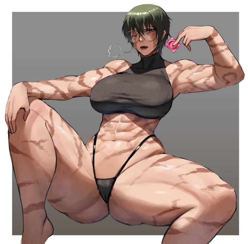 1girl abs ass_visible_through_thighs biceps black_panties border breasts burn_scar commentary condom condom_wrapper crop_top english_commentary feet_out_of_frame ghostdoctor glasses highres jujutsu_kaisen looking_at_viewer muscular muscular_female navel outside_border panties round_eyewear scar scar_on_arm scar_on_face short_hair sleeveless solo spread_legs stomach thick_thighs thighs thong too_many too_many_scars underwear white_border zen'in_maki