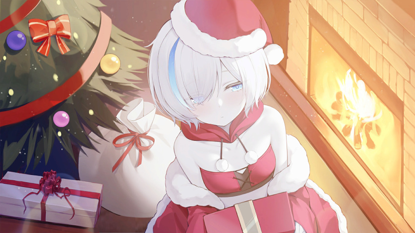 1girl artist_request azur_lane bare_shoulders black_nails blue_eyes blue_hair bra breasts christmas_ornaments christmas_tree colored_eyelashes colored_skin dress embarrassed eyes_visible_through_hair fingernails fire fireplace from_above game_cg gift gift_bag hair_over_one_eye hat highres holding holding_gift hood hood_down jacket jewelry looking_at_viewer multicolored_hair nail_polish non-web_source off_shoulder official_art pale_skin pom_pom_(clothes) red_headwear red_jacket santa_costume santa_dress santa_hat short_hair small_breasts strapless streaked_hair tb_(azur_lane) tb_(type-a)_(azur_lane) tube_top two-tone_hair underwear white_hair white_skin
