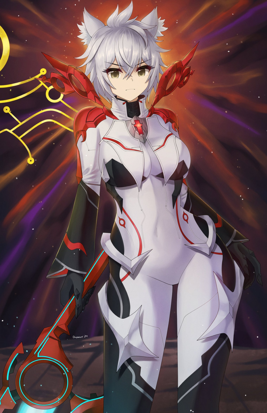 &gt;:( 1girl animal_ear_fluff animal_ears black_gloves bodysuit breasts brown_eyes closed_mouth commentary covered_navel doiparuni frown gloves grey_hair groin hair_between_eyes highres holding holding_weapon long_sleeves looking_at_viewer medium_breasts na'el_(xenoblade) solo v-shaped_eyebrows weapon white_bodysuit xenoblade_chronicles_(series) xenoblade_chronicles_1