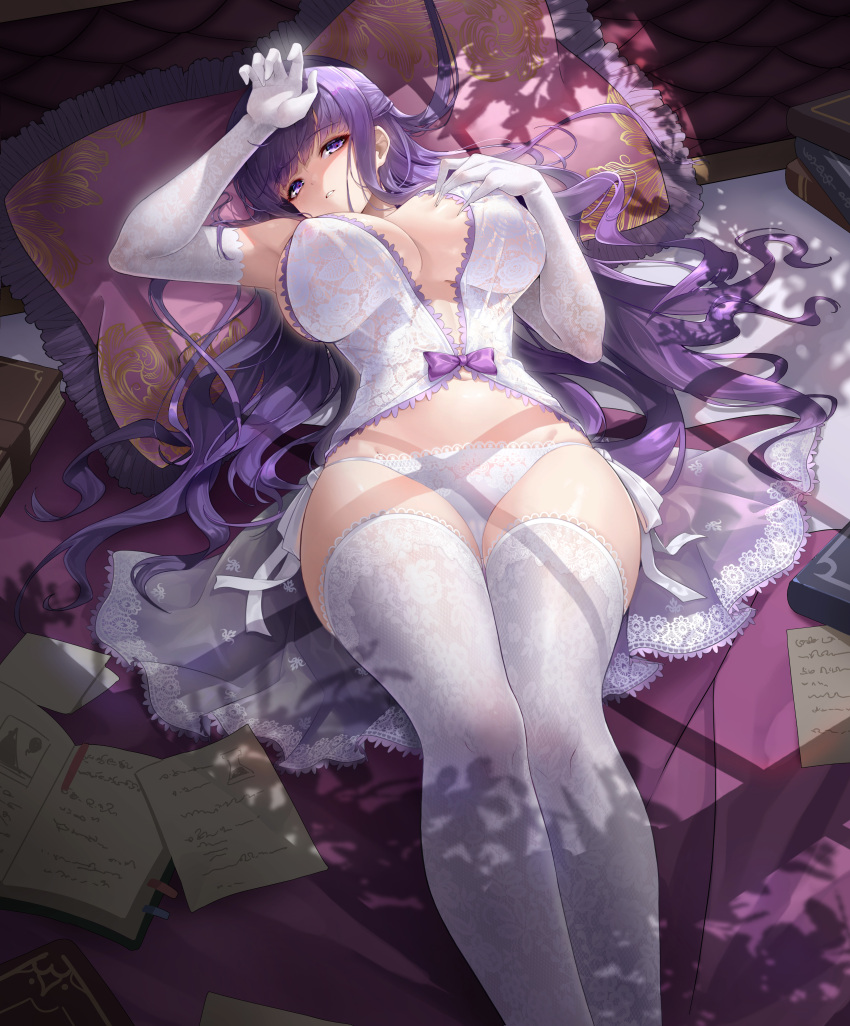 1girl absurdres babydoll breasts elbow_gloves fern_(sousou_no_frieren) gloves highres kiaji_(pixiv7643817) large_breasts lingerie long_hair looking_at_viewer lying on_back panties pillow purple_eyes purple_hair revision solo sousou_no_frieren straight_hair thighhighs underwear very_long_hair white_babydoll white_gloves white_panties white_thighhighs