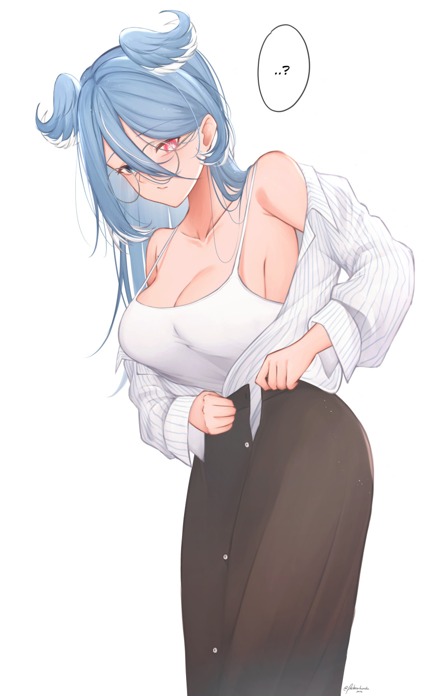 1girl absurdres aqua_eyes bare_shoulders blue_hair blue_wings breasts bright_pupils brown_skirt button_up_skirt camisole cleavage collarbone collared_shirt dragon_girl dressing elira_pendora elira_pendora_(3rd_costume) feet_out_of_frame glasses hair_between_eyes head_wings heterochromia highres large_breasts leaning_forward long_bangs long_hair long_skirt long_sleeves nijisanji nijisanji_en no_bra official_alternate_costume official_alternate_hairstyle open_clothes open_shirt parkiranhonda red_eyes round_eyewear shirt shirt_tucked_in sideboob simple_background skirt solo strap_gap striped_clothes striped_shirt virtual_youtuber white_background white_camisole white_hair wings