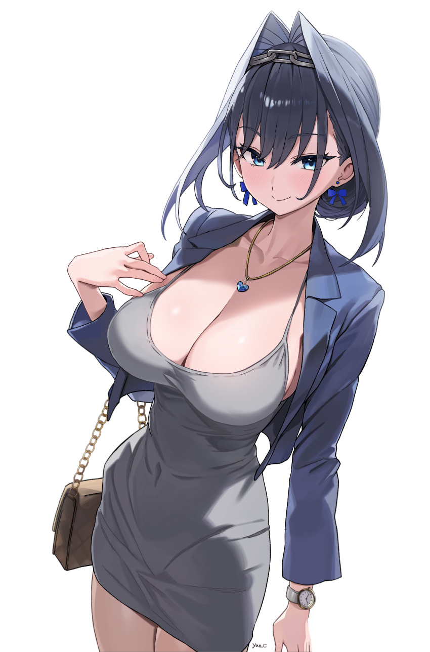 1girl absurdres bag blue_eyes blue_hair blue_jacket bow bow_earrings breasts chain_headband cleavage cropped_jacket dongtan_dress dress earrings grey_dress hair_intakes handbag highres hololive hololive_english jacket jewelry large_breasts meme_attire necklace ouro_kronii ribbon_earrings short_dress smile solo taut_clothes taut_dress tight_clothes tight_dress virtual_youtuber watch white_background yan.c
