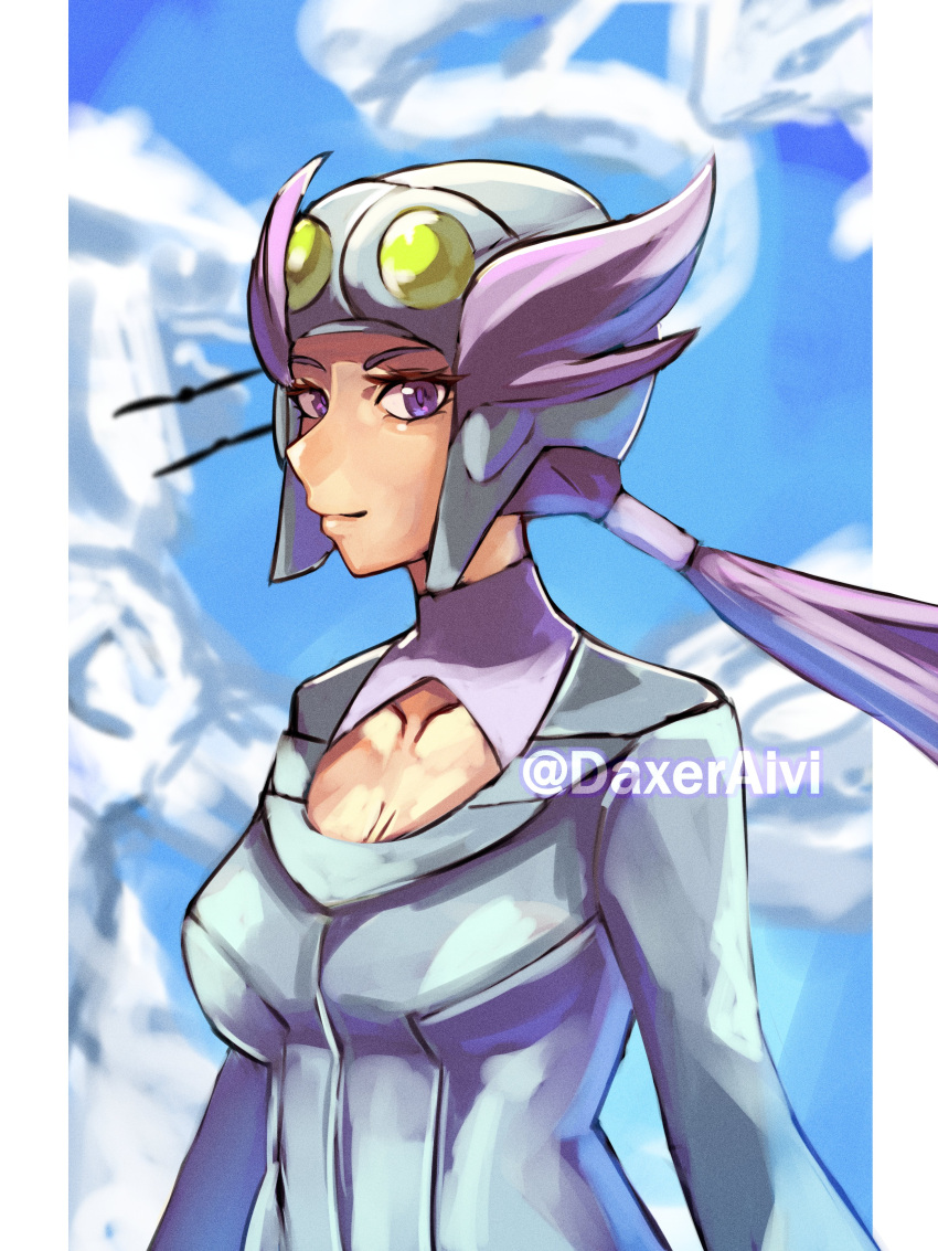 1girl absurdres artist_name blue_suit blue_unitard breasts cleavage cloud cloudy_sky collarbone daxeraivi hair_wings highres long_hair pilot_helmet pilot_suit pokemon pokemon_oras ponytail purple_eyes purple_hair sky suit turtleneck winona_(pokemon)