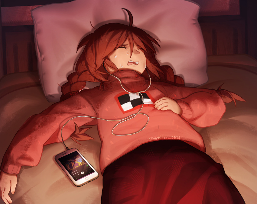 1girl absurdres ahoge bed braid brown_hair camera_flash cellphone closed_eyes commentary cowboy_shot distress dragostea_din_tei facing_to_the_side fingernails from_above frown furrowed_brow hair_between_eyes hand_on_own_chest hand_on_own_stomach head_on_pillow highres in-ear_earphones iphone lips listening_to_music long_hair long_sleeves low_twintails lying madotsuki messy_hair mrntta_3704 nightmare o-zone_(group) on_back on_bed open_mouth phone pillow pink_sweater print_sweater red_skirt shadow sidelocks signature skirt sleeping sleeveless sleeveless_turtleneck smartphone solo spotify sweat sweatdrop sweater teeth turtleneck twin_braids twintails upper_teeth_only yume_nikki