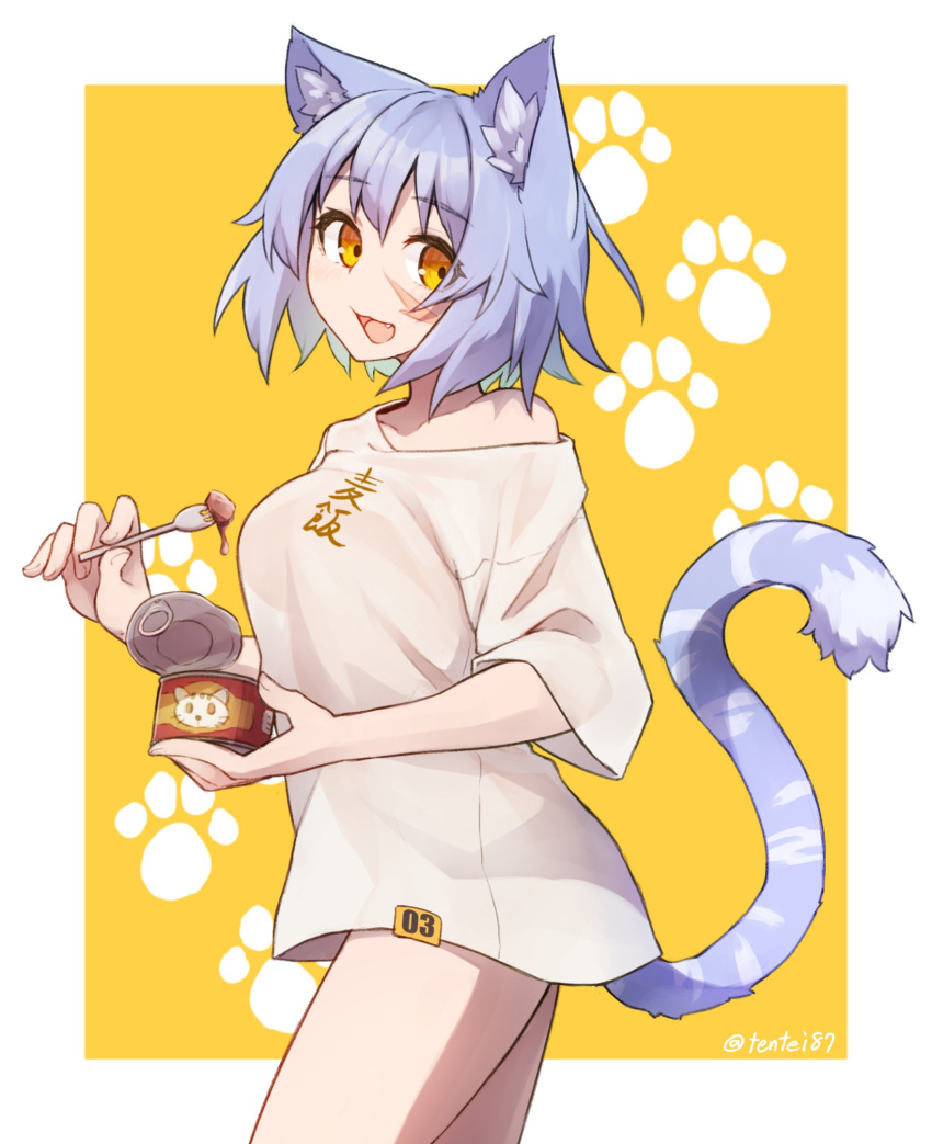 1girl :d animal_ear_fluff animal_ears breasts brown_shirt can canned_food cat_ears cat_girl cat_tail collarbone commentary fang fork grey_hair highres holding holding_fork long_sleeves looking_at_viewer medium_breasts off_shoulder orange_eyes original pet_food ryota_tentei scar scar_on_cheek scar_on_face see-through_silhouette shirt smile solo symbol-only_commentary tail tora_tentei two-tone_background white_background yellow_background