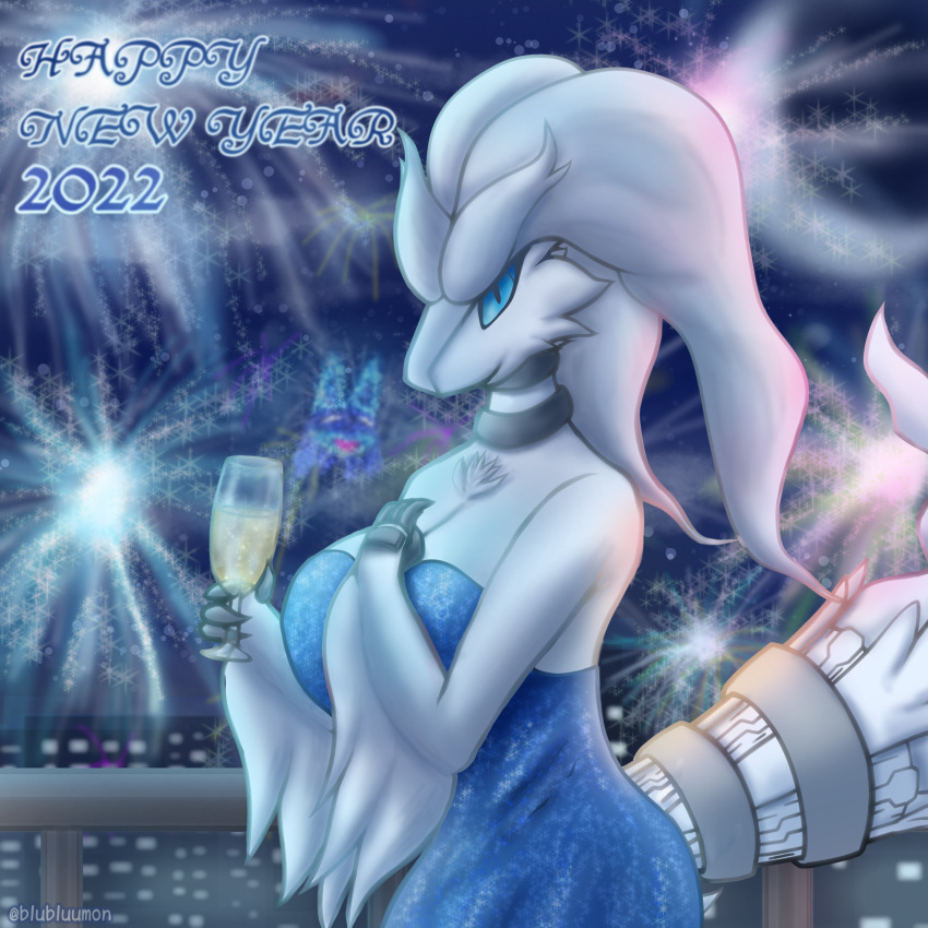 absurd_res alcohol anthro balcony beverage blubluumon blue_clothing blue_dress blue_eyes breasts champagne clothing container cup dragon dress female fireworks fur glass glass_container glass_cup hi_res holidays legendary_pok&eacute;mon looking_at_viewer moon new_year new_year_2022 night nintendo pok&eacute;mon pok&eacute;mon_(species) reshiram smile smiling_at_viewer solo video_games white_body white_fur