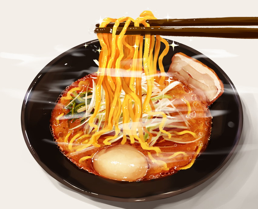 absurdres bowl chopsticks food food_focus highres kaneko_ryou meat no_humans noodles original pork ramen simple_background sparkle still_life white_background