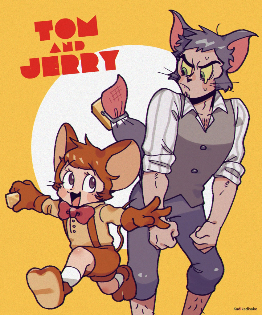 2boys alternate_facial_hair animal_ears animal_shoes cat_boy cat_ears cat_tail chest_hair_peek clenched_hands facial_hair fleeing goatee_stubble highres humanization jerry_(tom_and_jerry) ka_ji leaning_forward long_sideburns looking_at_another male_focus mouse_boy mousetrap multiple_boys outstretched_arms pout short_hair shorts sideburns sideways_mouth sparse_chest_hair sparse_leg_hair spread_arms standing stubble tail tearing_up thick_eyebrows tom_(tom_and_jerry) tom_and_jerry unkempt whiskers