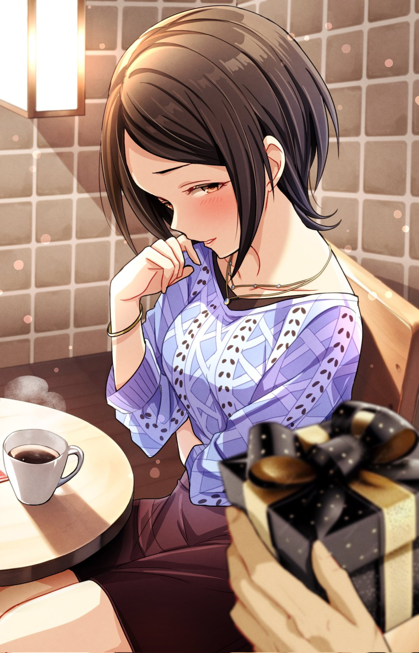 1girl 1other birthday black_bow black_box black_hair black_ribbon black_shirt black_skirt black_undershirt blue_sweater blush bow box bracelet breasts brown_eyes cafe chair coffee coffee_cup collarbone commentary_request cup disposable_cup drink fingernails from_side gift gift_box hand_up head_tilt highres idolmaster idolmaster_cinderella_girls idolmaster_cinderella_girls_starlight_stage indoors jewelry light_smile long_sleeves looking_at_viewer looking_to_the_side medium_breasts napkin necklace official_alternate_costume out_of_frame parted_hair polka_dot polka_dot_bow popon_ta pov pov_adoring ribbon shirt short_hair sidelocks sitting skirt smile steam straight_hair sweater table tile_wall tiles togo_ai undershirt v-neck wooden_floor yellow_ribbon