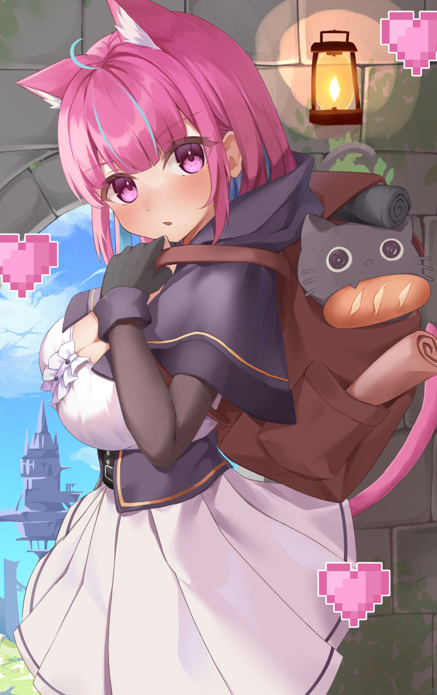 absurdres ahoge animal_ear_fluff animal_ears backpack bag black_capelet black_gloves blue_hair blush breasts capelet cat_ears cat_girl cat_tail cet_(hajisirazunoko) cleavage commentary_request fingerless_gloves gloves hair_between_eyes heart highres hololive large_breasts looking_at_viewer minato_aqua multicolored_hair neko_(minato_aqua) one_eye_closed pink_hair purple_eyes skirt streaked_hair tail virtual_youtuber white_skirt