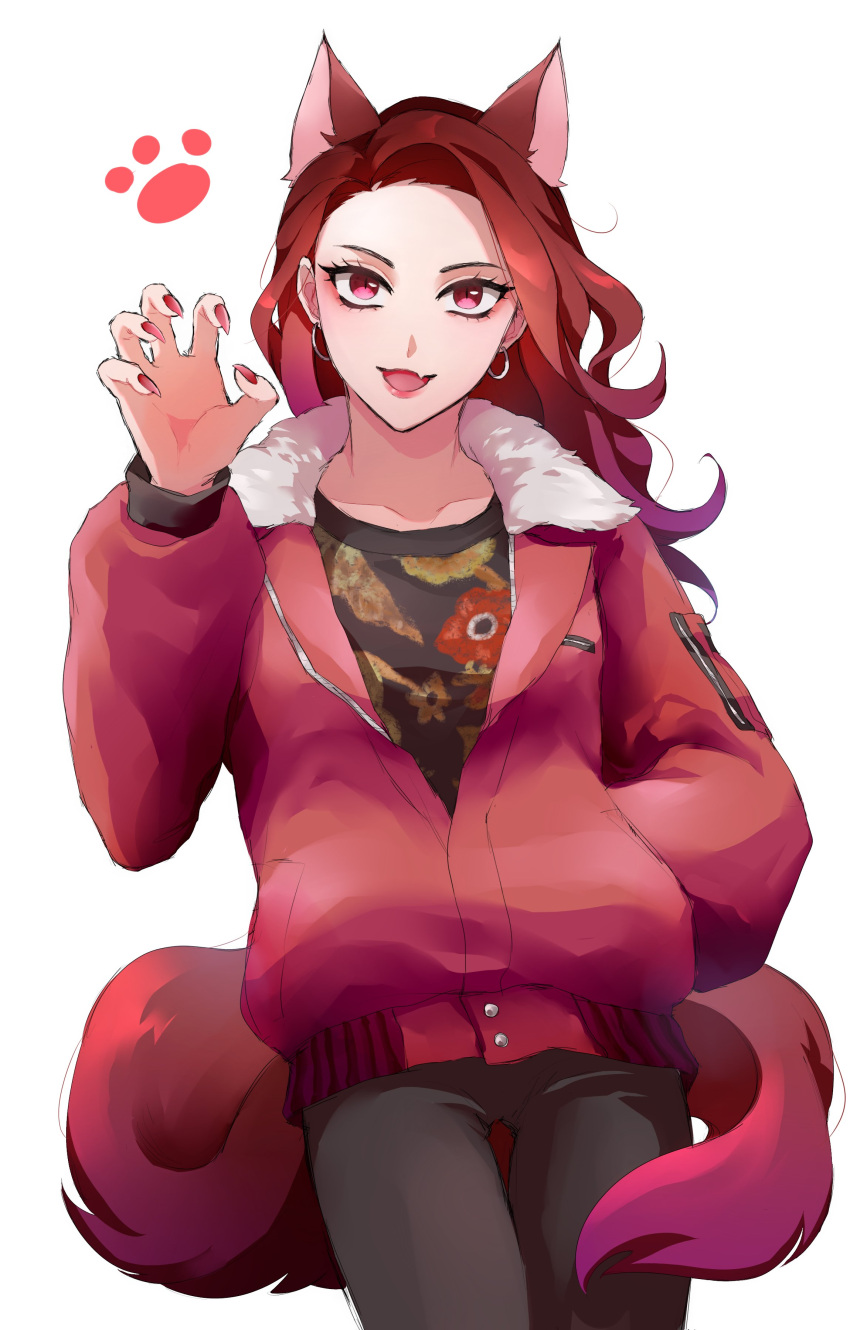 1girl absurdres akame_(ryuu_ga_gotoku) animal_ears black_pants black_shirt cowboy_shot earrings fingernails hand_in_pocket hand_up highres jacket jewelry long_hair long_sleeves me_8jo open_mouth pants red_eyes red_hair red_jacket red_nails ryuu_ga_gotoku_(series) ryuu_ga_gotoku_7_gaiden sharp_fingernails shirt simple_background smile solo standing tail white_background