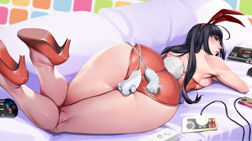 1girl ass black_hair blush cable commentary_request controller cosplay couch curvy embarrassed famicom game_console game_controller genshiken high_heels highres looking_at_viewer lying nec_corporation neo_geo nintendo object_on_ass ohno_kanako on_stomach otaku otaku_room pc_engine pillow playboy_bunny sega sega_mega_drive snk surprised user_fahf2258 wii