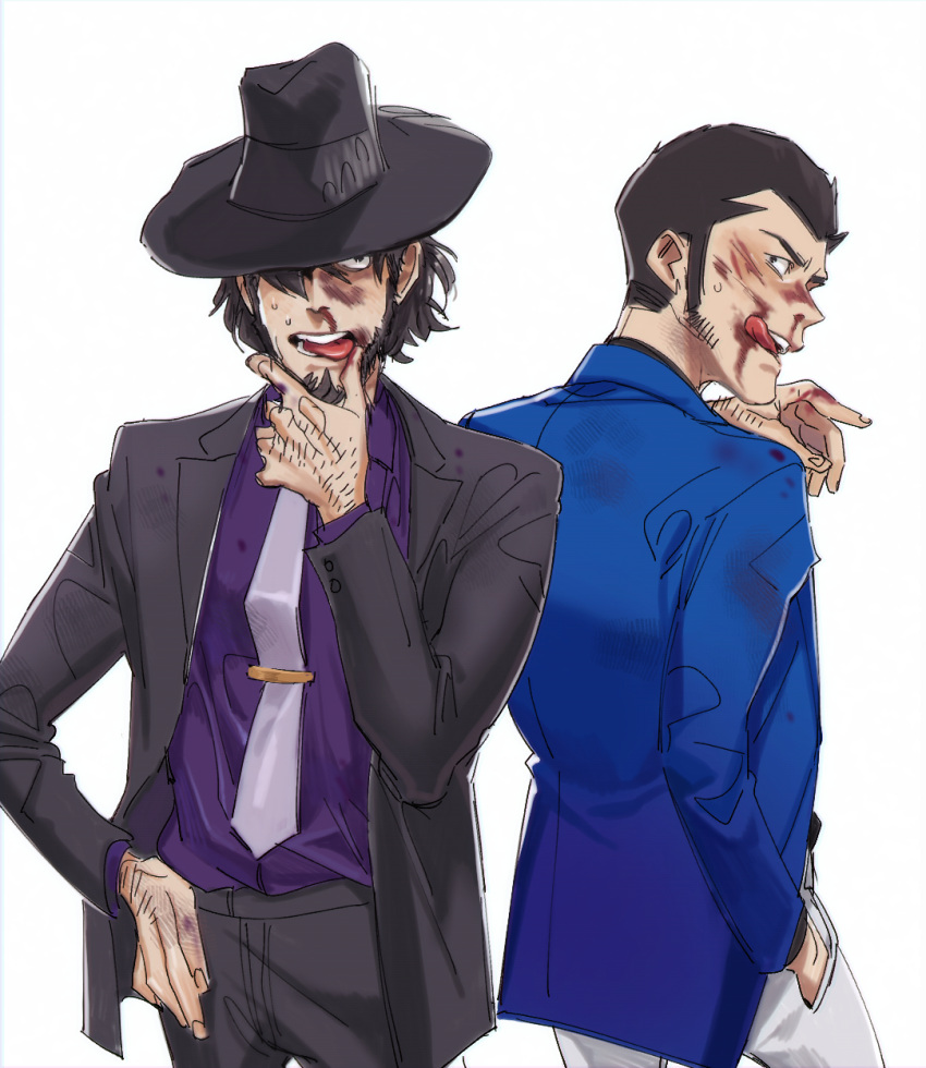 2boys arsene_lupin_iii beard black_hair black_headwear black_pants blood blood_on_face facial_hair hair_over_one_eye halorane hand_hair hand_in_pocket hand_on_own_hip highres injury jigen_daisuke licking_blood licking_lips light_blue_jacket long_sideburns long_sleeves looking_back lupin_iii male_focus multiple_boys necktie nosebleed pants purple_shirt shirt short_hair sideburns sideburns_stubble simple_background stubble tongue tongue_out white_background white_necktie