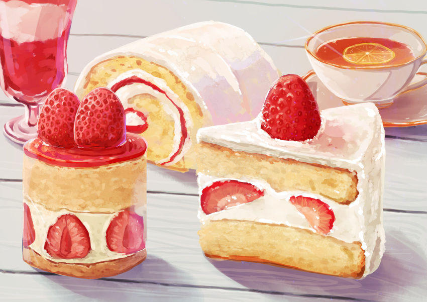 absurdres cake cake_slice cup drinking_glass food food_focus fruit highres kaneko_ryou no_humans original still_life strawberry strawberry_shortcake swiss_roll table teacup