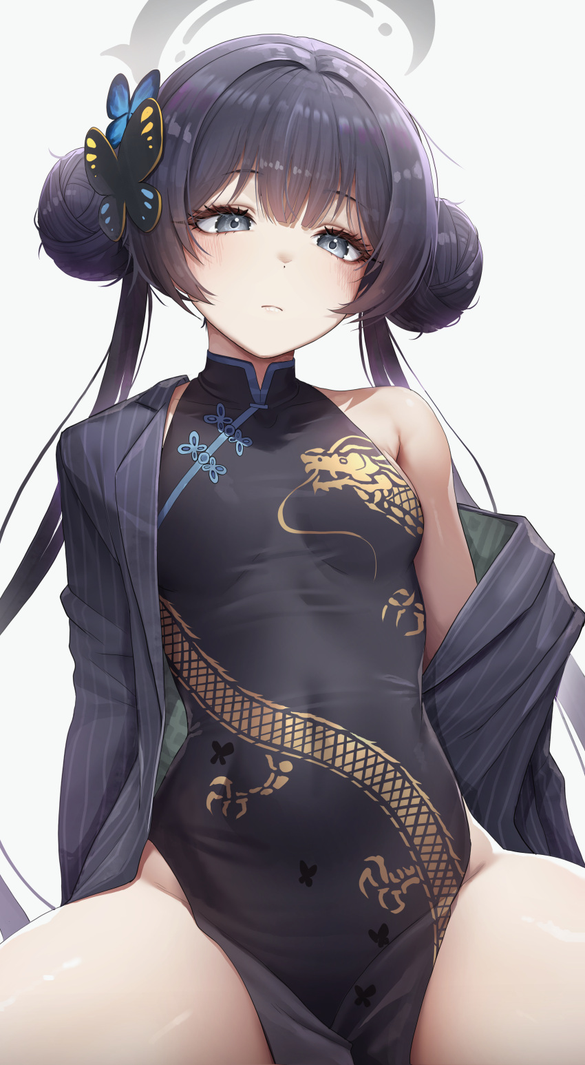 1girl absurdres black_dress black_eyes black_hair blue_archive breasts china_dress chinese_clothes closed_mouth coat doyoon_7 dragon_print dress grey_coat grey_halo groin halo highres kisaki_(blue_archive) long_hair looking_at_viewer open_clothes open_coat sleeveless sleeveless_dress small_breasts solo striped_clothes striped_coat vertical-striped_clothes vertical-striped_coat