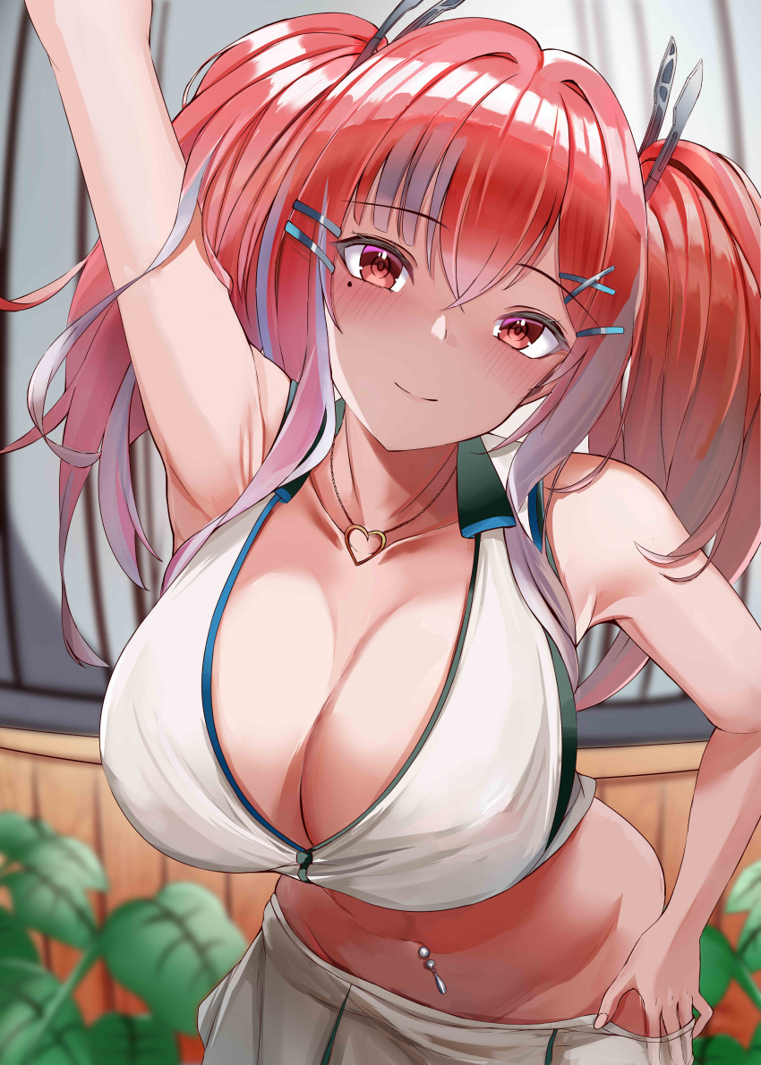 1girl absurdres arm_up azur_lane bare_shoulders blurry blurry_background blush breasts bremerton_(azur_lane) bremerton_(scorching-hot_training)_(azur_lane) cleavage closed_mouth clothes_pull collarbone commentary_request cowboy_shot crop_top crop_top_overhang grey_hair hair_between_eyes hair_intakes hair_ornament heart heart_necklace highres jewelry kanesada_dp large_breasts long_hair looking_at_viewer mole mole_under_eye multicolored_hair navel navel_piercing necklace official_alternate_costume partial_commentary piercing pink_eyes pink_hair shirt sidelocks skirt skirt_pull sleeveless sleeveless_shirt smile solo sportswear standing stomach streaked_hair tennis_uniform twintails two-tone_hair two-tone_shirt two-tone_skirt white_shirt white_skirt x_hair_ornament