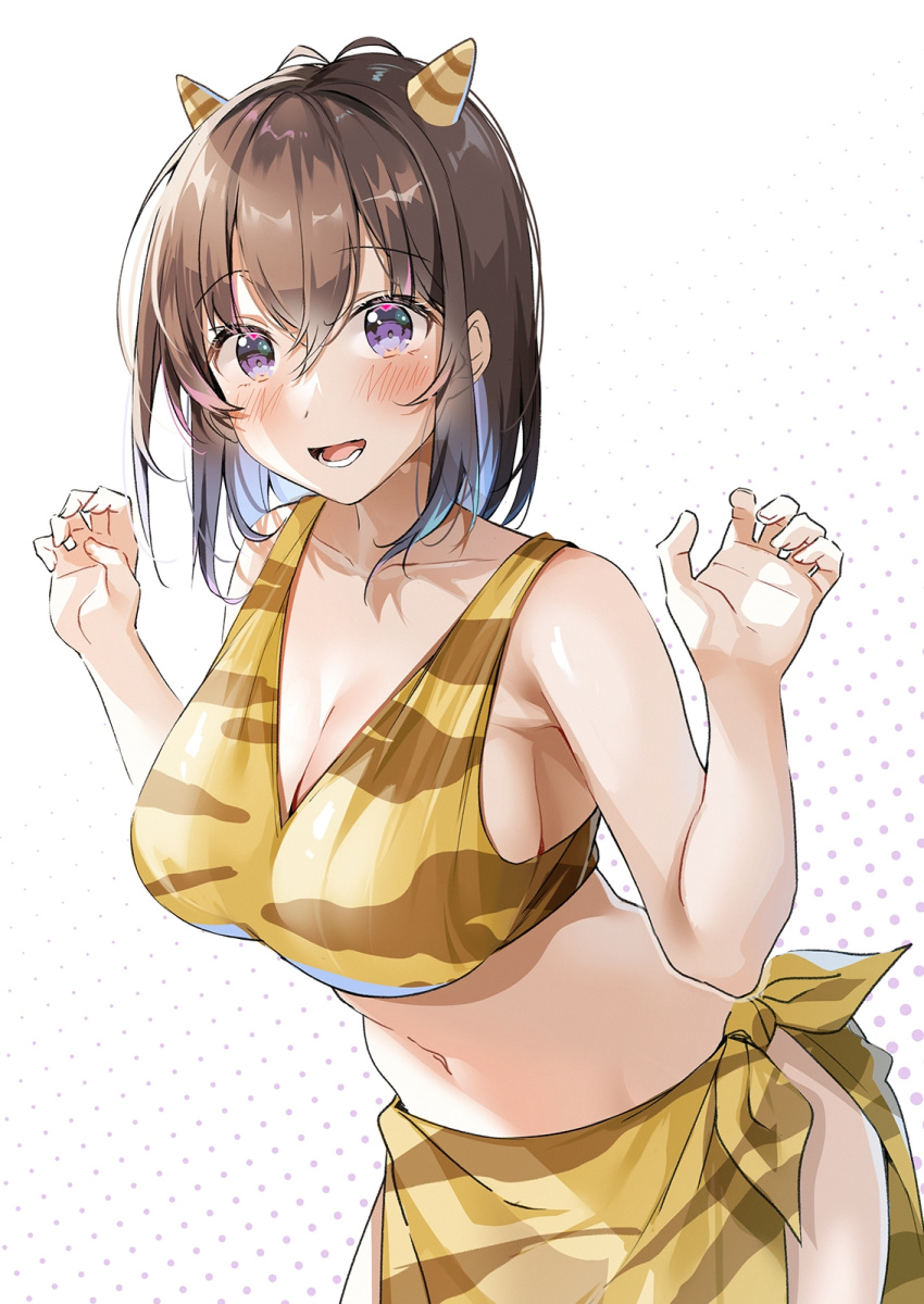 1girl animal_print bikini blush breasts brown_hair claw_pose cleavage collarbone colored_inner_hair commentary_request fake_horns hair_between_eyes hawawa-chan_(shiro_kuma_shake) highres horns large_breasts looking_at_viewer multicolored_hair navel oni open_mouth original purple_eyes purple_hair sarong shiro_kuma_shake smile standing swimsuit teeth textless_version tiger_print two-tone_hair white_background yellow_bikini yellow_sarong
