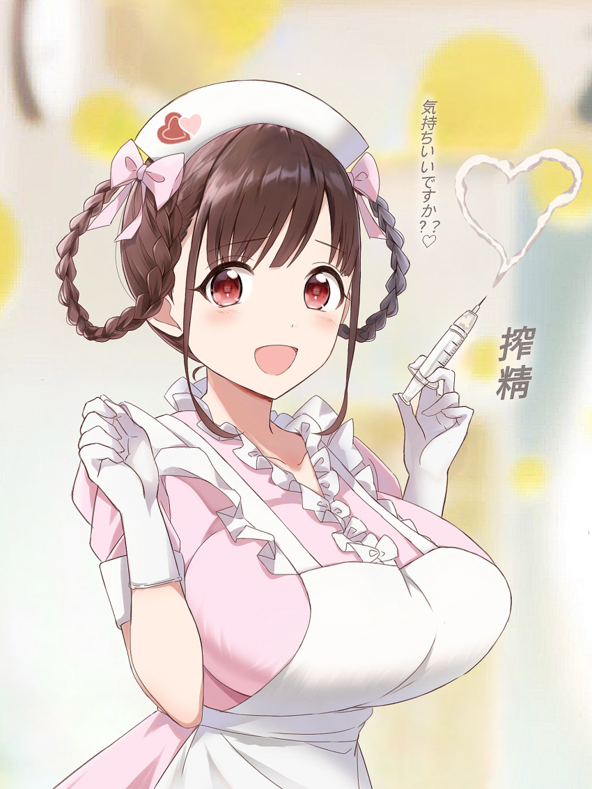 1girl apron blurry blurry_background blush bow braided_hair_rings breasts brown_hair dress gangshangguang_(smjy5842) gloves hair_bow hat heart highres holding holding_syringe huge_breasts idolmaster idolmaster_shiny_colors looking_at_viewer nurse nurse_cap official_alternate_costume pink_dress red_eyes smile solo sonoda_chiyoko syringe translation_request upper_body white_apron white_gloves
