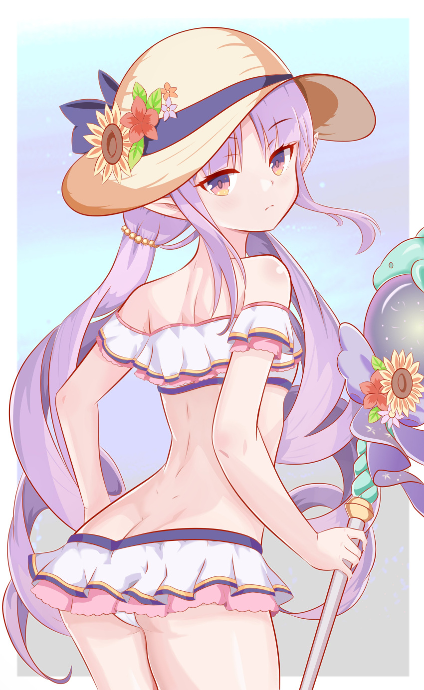 1girl absurdres ass bare_shoulders bikini bikini_skirt border butt_crack elf flower frilled_bikini frills from_behind frown hat hat_flower highres holding holding_staff kyouka_(princess_connect!) kyouka_(summer)_(princess_connect!) looking_at_viewer looking_back low_twintails parted_bangs pointy_ears princess_connect! purple_eyes purple_hair sidelocks staff straw_hat sunflower swimsuit twintails white_bikini white_border winterline