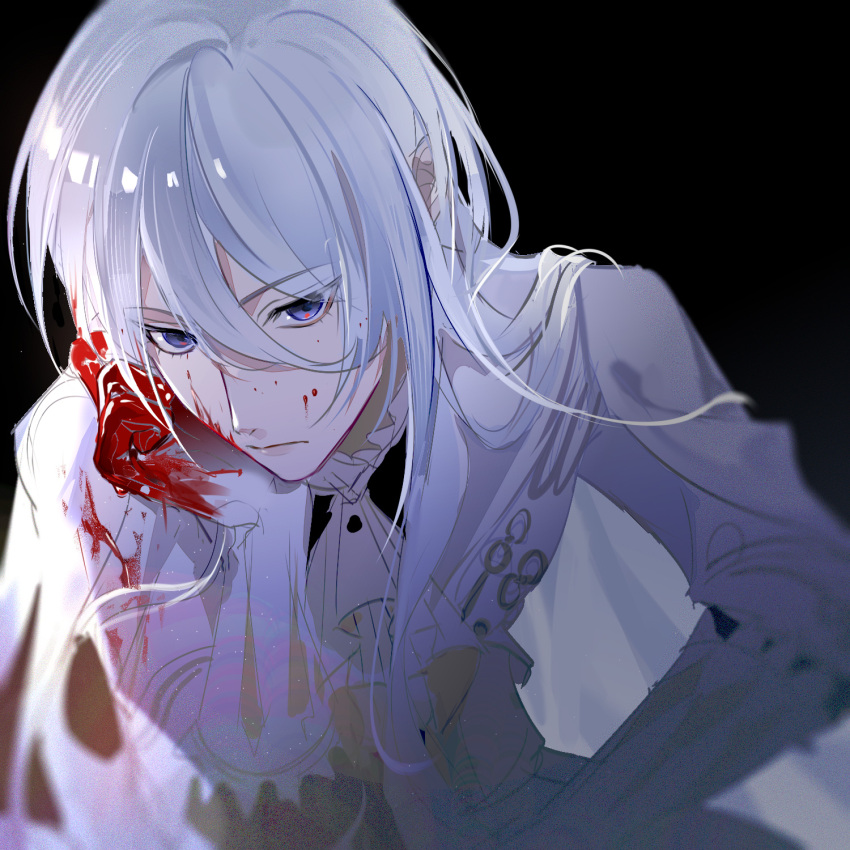 1boy ascot black_background blood blood_on_clothes blood_on_face blood_on_hands cael_anselm closed_mouth cowboy_shot expressionless gloves hair_between_eyes head_rest highres jacket light_particles long_bangs long_hair long_sleeves looking_at_viewer lovebrush_chronicles male_focus pants purple_eyes shirt simple_background sitting solo tknife white_ascot white_gloves white_hair white_jacket white_pants white_shirt