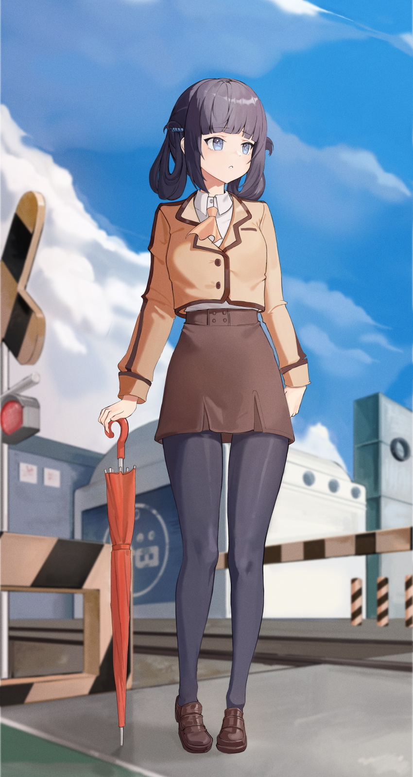 1girl absurdres ascot black_hair black_pantyhose blue_eyes blue_sky blunt_bangs brown_jacket brown_skirt cloud collared_shirt day dress_shirt folded_hair hair_rings highres jacket long_hair mihama_junior_high_school_uniform nagi_no_asukara orange_ascot orange_umbrella outdoors pantyhose planted planted_umbrella railroad_crossing railroad_tracks school_uniform shiodome_miuna shirt skirt sky solo swoon_(swoonnoah) twintails umbrella white_shirt