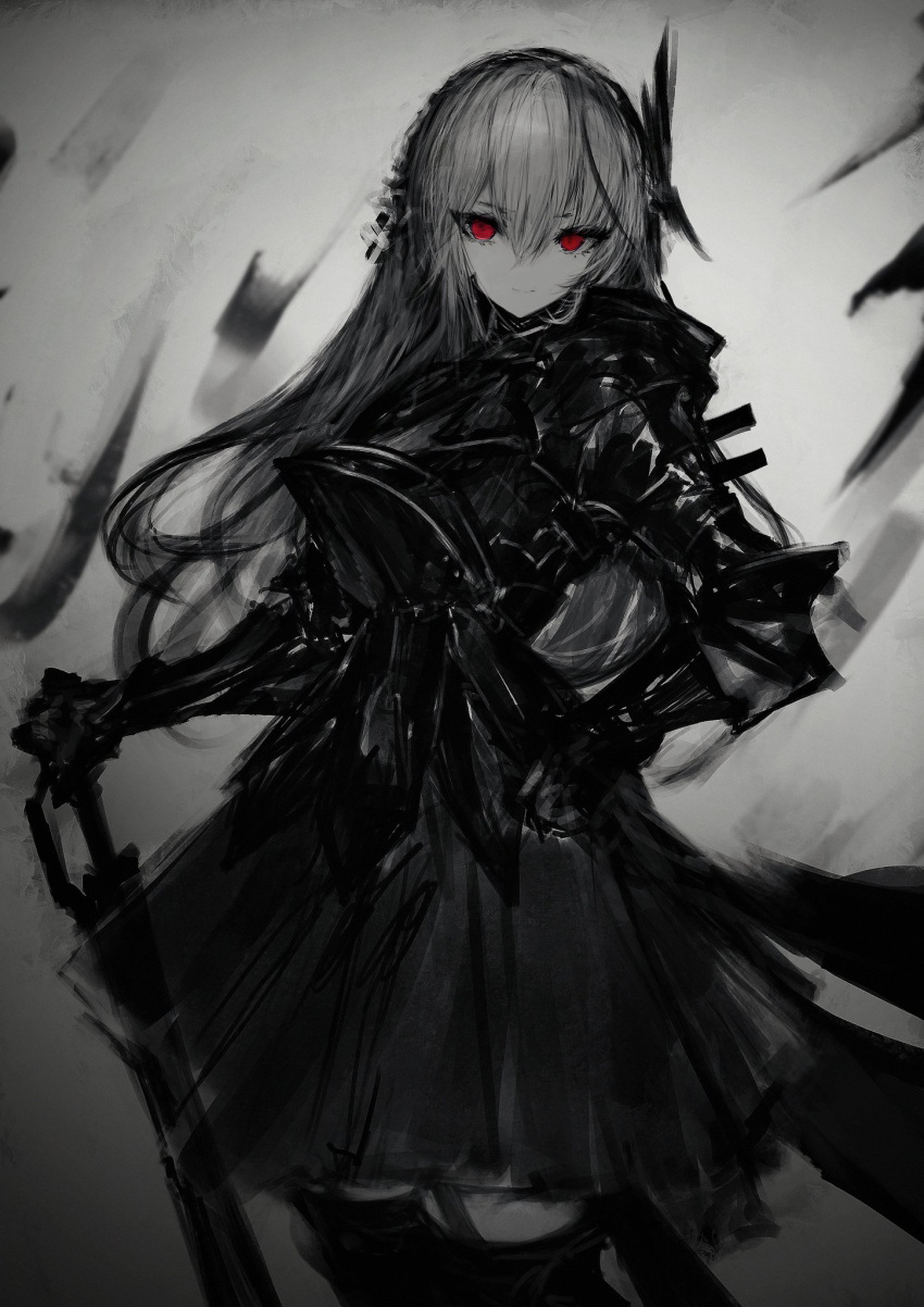 1girl black_dress commentary dress english_commentary gothic_lolita greyscale hairband highres holding lolita_fashion long_hair looking_at_viewer monochrome original purple_eyes simple_background solo spot_color tuda6 weapon