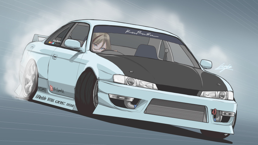 1girl absurdres blue_eyes bride_(brand) brown_hair car drifting frown hair_between_eyes highres kurusu_natsume long_hair looking_to_the_side motor_vehicle multicolored_hair nijisanji nismo nissan nissan_s14_silvia nissan_silvia red_hair shadow signature smoke solo spoiler_(automobile) sponsor sports_car streaked_hair tomei_(brand) vehicle_focus virtual_youtuber waju220