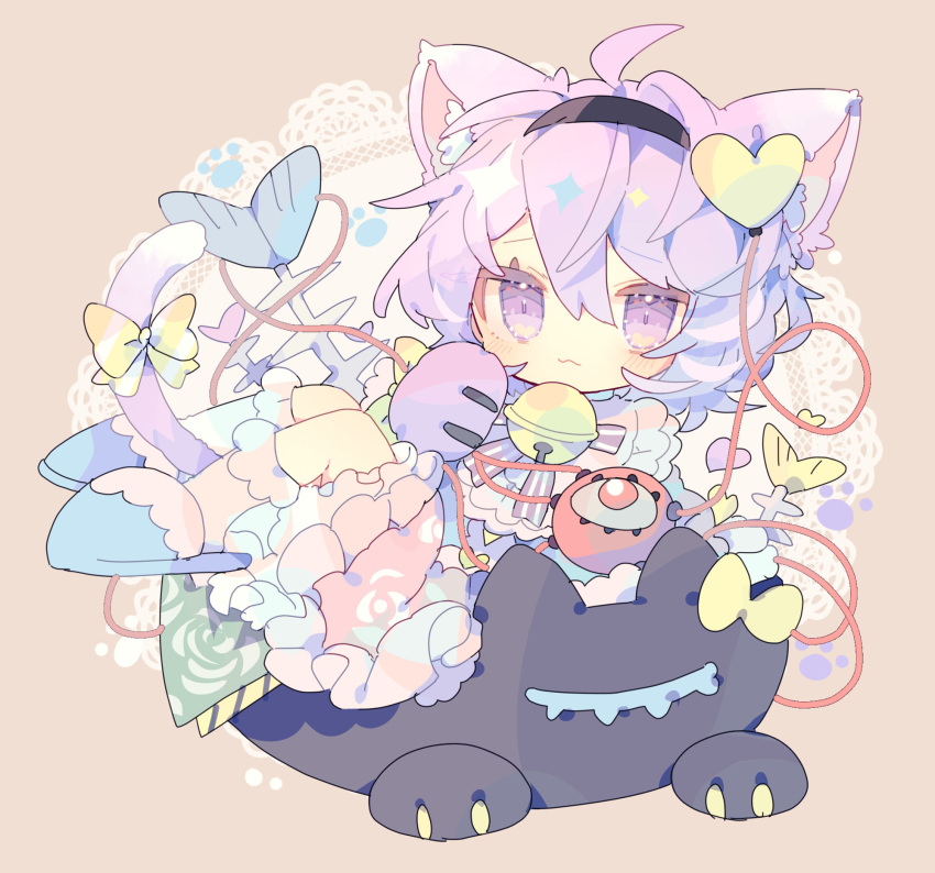 1girl ahoge animal_ear_fluff animal_ears animal_hands bell black_hairband blue_footwear blue_shirt blush brown_background cat_ears cat_paws cat_tail closed_mouth doily eyeball frilled_skirt frills full_body gloves hair_between_eyes hair_ornament hairband heart heart_hair_ornament highres jingle_bell komeiji_satori looking_at_viewer nikorashi-ka paw_gloves pink_eyes pink_gloves pink_hair pink_skirt shirt short_hair skirt slippers solo tail third_eye touhou