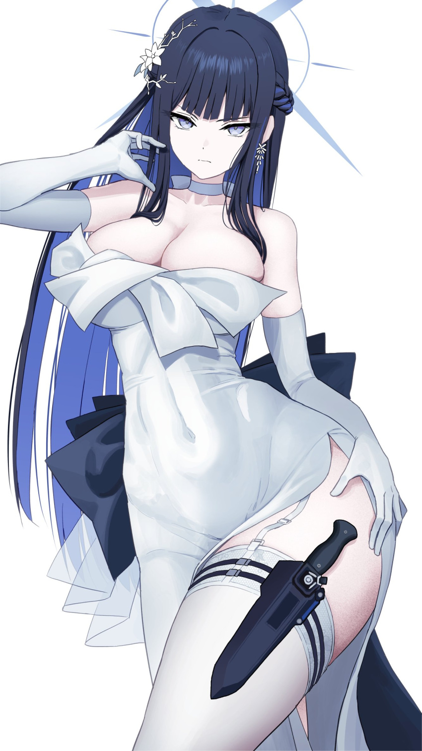 1girl blue_archive breasts cleavage dress earrings elbow_gloves gloves hair_ornament highres holster jewelry knife_sheath large_breasts long_hair looking_at_viewer saori_(blue_archive) saori_(dress)_(blue_archive) sheath solo thigh_holster thighhighs thighs toba_kuti white_background white_dress white_gloves white_thighhighs