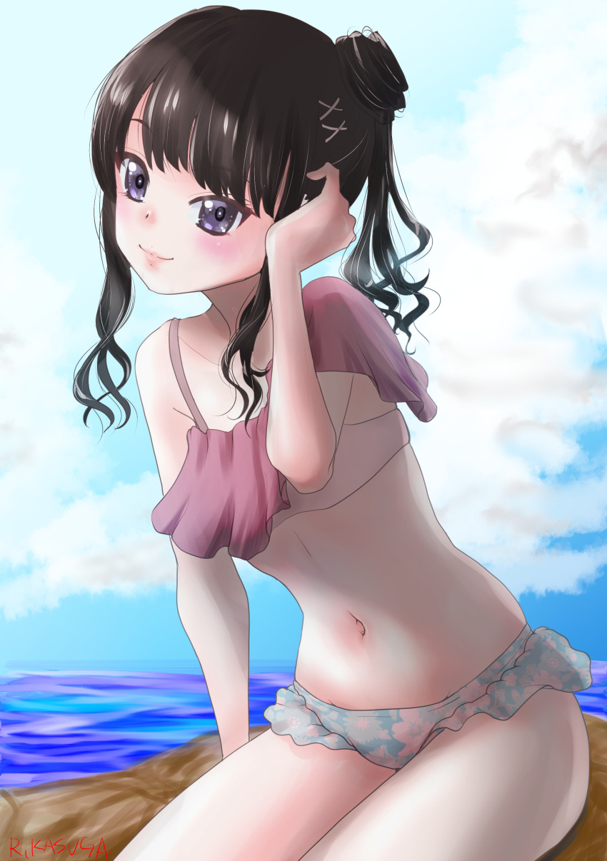 1girl absurdres bikini black_hair blue_sky cloud collarbone commentary_request frilled_bikini frills hair_bun highres idolmaster idolmaster_shiny_colors kasuga_rurito kazano_hiori long_hair looking_at_viewer mismatched_bikini navel ponytail purple_eyes sitting sky solo swimsuit water