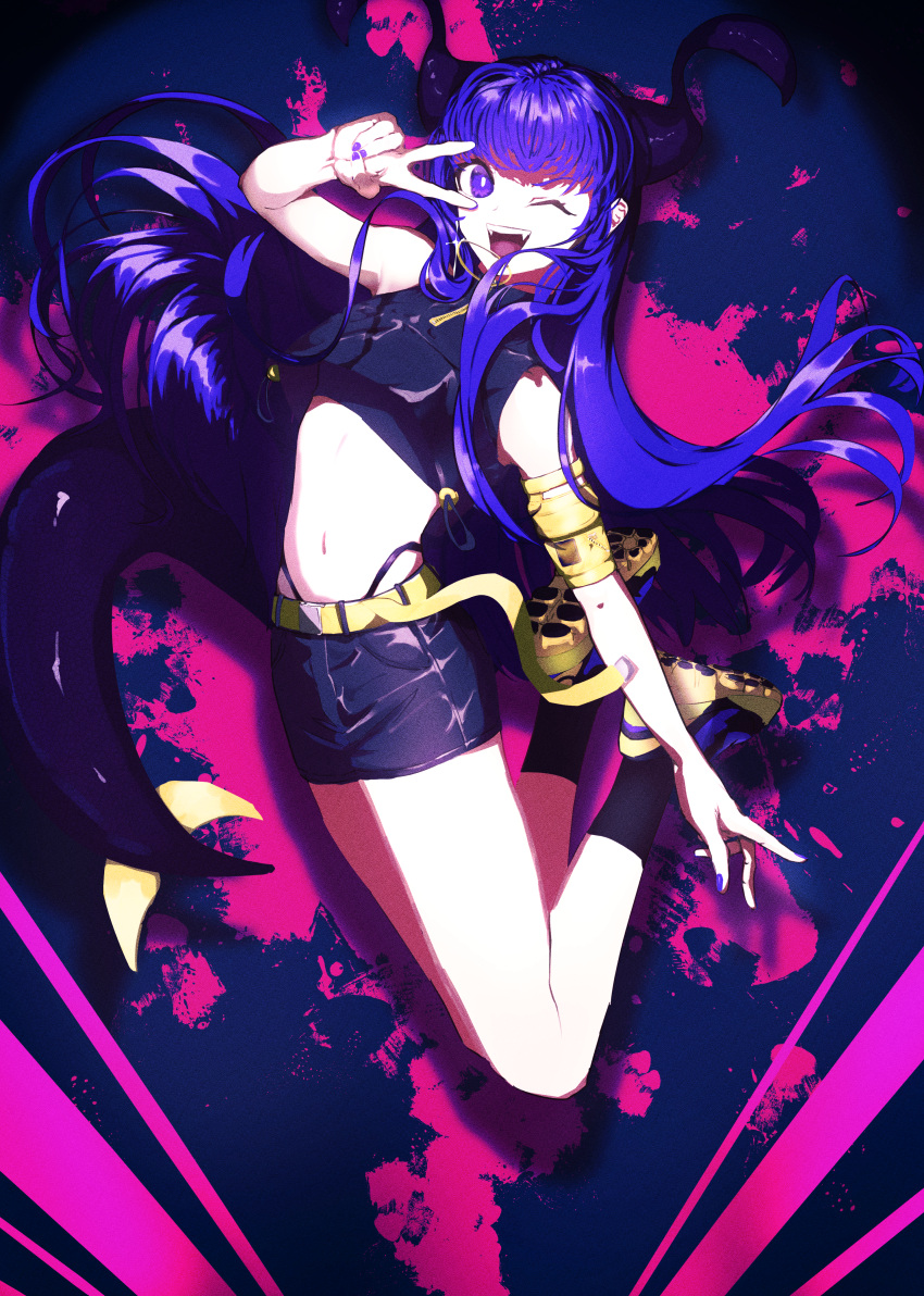 1girl ;d absurdres belt black_skirt black_socks breasts crop_top fangs full_body g2_atelier highres horns long_hair looking_at_viewer midair miniskirt nail_polish one_eye_closed original panty_straps purple_eyes purple_hair purple_nails shoes skirt sleeveless small_breasts smile sneakers socks solo tail v v_over_eye yellow_belt