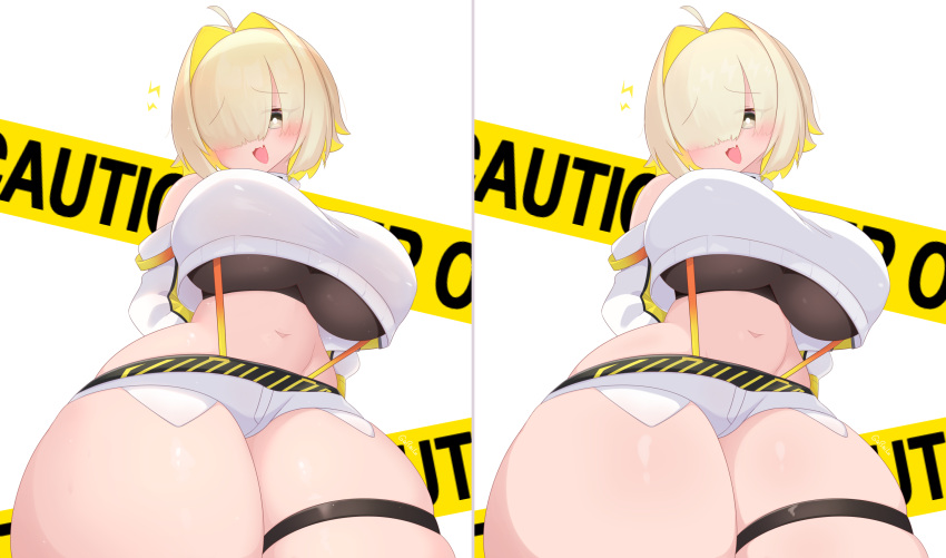 1girl arm_guards belt blonde_hair blush breasts clothing_cutout crop_top crop_top_overhang elegg_(nikke) gabai goddess_of_victory:_nikke grey_shorts hair_intakes hair_over_eyes highres large_breasts long_bangs long_sleeves micro_shorts midriff navel open_mouth plump purple_eyes shorts shoulder_cutout smile solo thighs